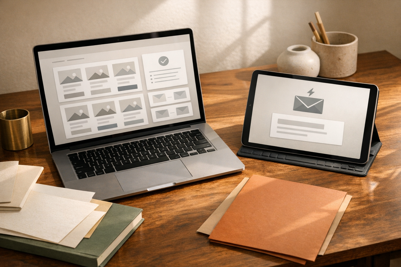 Laptop and tablet showing a clean creator storefront